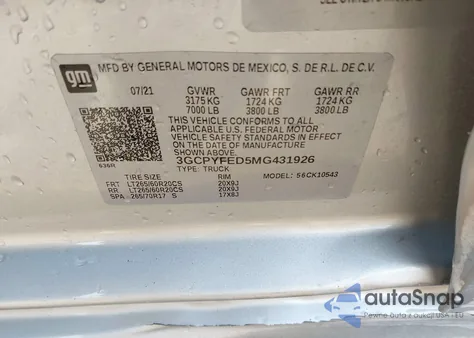 2021 Chevrolet Silverado 1500 4Wd Short Bed Lt Trail Boss from USA, damaged, VIN 3GCPYFED5MG431926